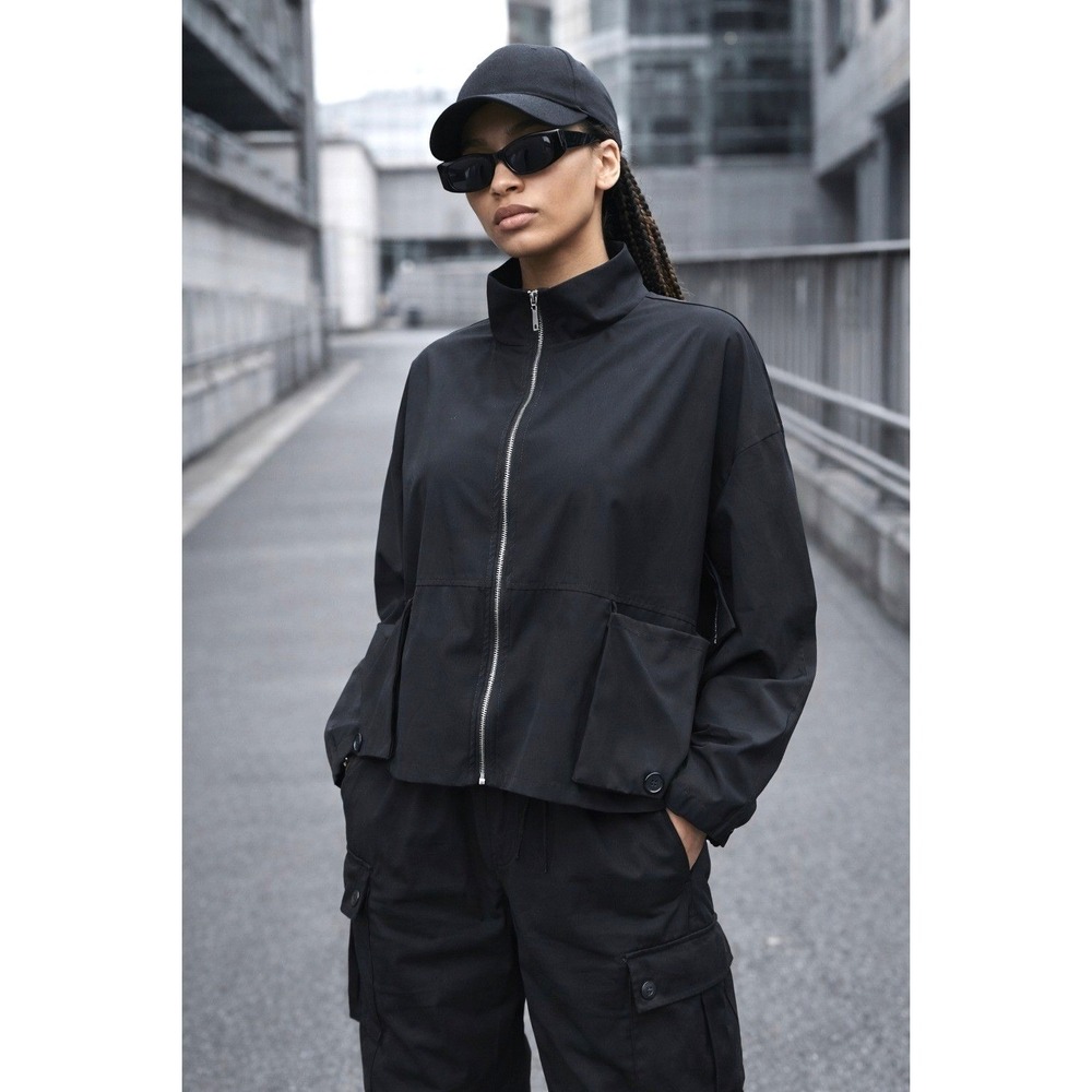 Jason Black Stretch Funnel Neck Zip Jacket Size M Oversized Minimalist Lagenlook